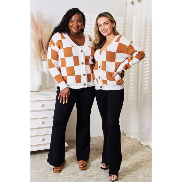 DOUBLE TAKE Camel White Checked V-Neck Dropped Shoulder Cardigan Sweater Medium - Picture 5 of 10